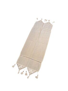 Vtg Ivory Table Runner Lace Details & Tassels 5o Inch Minimalist Decor